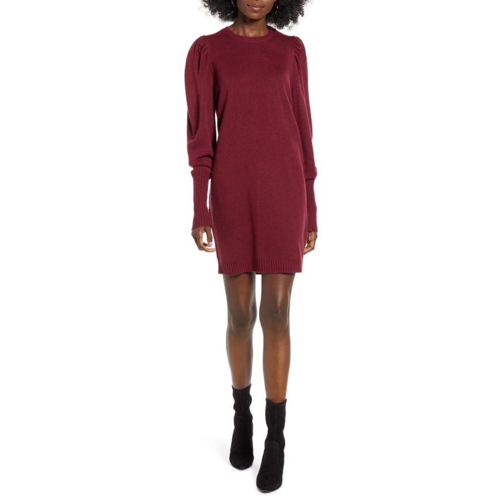 NWT WAYF x influencers puff‎ sleeve maroon sweater dress size small